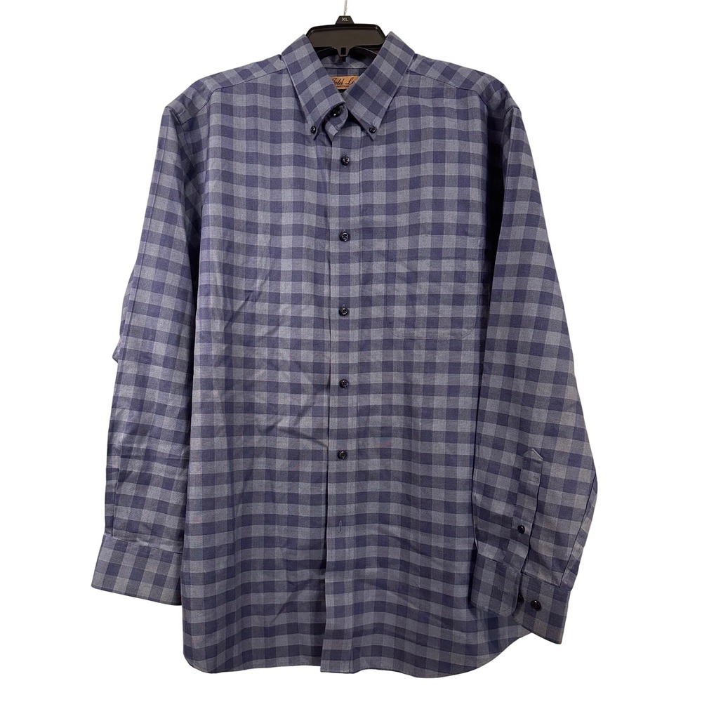 Roundtree & Yorke Gold Label Mens Blue Gingham Non-Iron Button Down Shirt Large